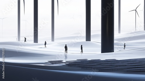Clean energy: The minimalist silhouettes of wind turbines and solar panels lo...