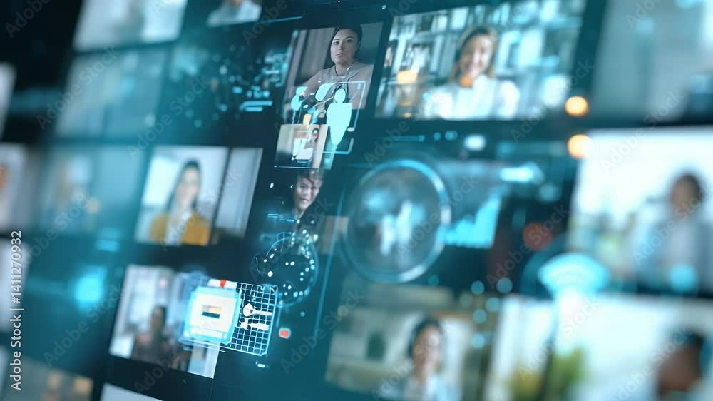 A digital mosaic of diverse people in online calls with tech-graphics overlay, connecting globally in a virtual space