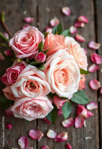 A rustic bouquet of blush roses and scattered petals on weathered wood, delicate, stock photo, macro