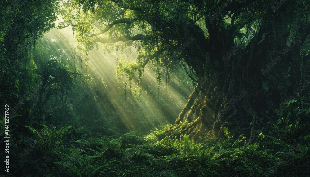 Fototapeta premium Sunlit serenity: Mystical forest atmosphere with beams illuminating lush greenery
