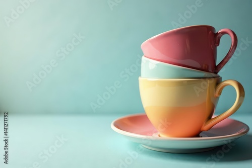 Stack of colorful teacups and saucers, side view, organized, cups