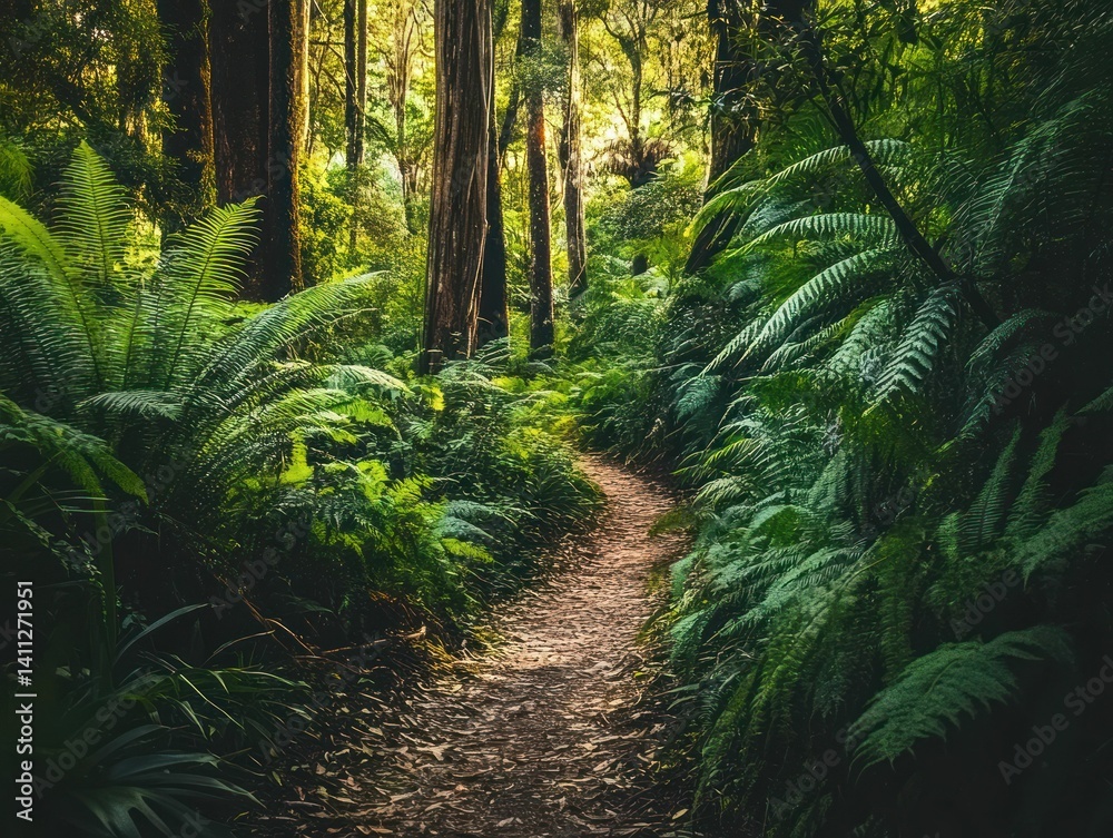 Obraz premium Serene path winding through a lush, fern-filled forest landscape scenery