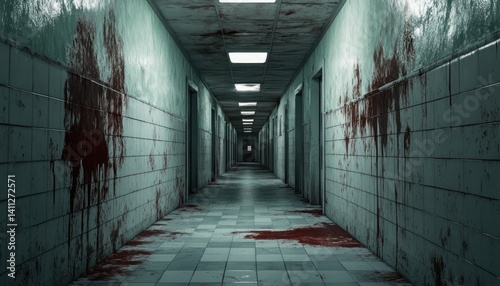 Eerily bloodstained tiled corridor evokes chilling dread and unease in silent darkness