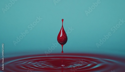 Suspended crimson drop creating ripples in a serene aqua fluid surface