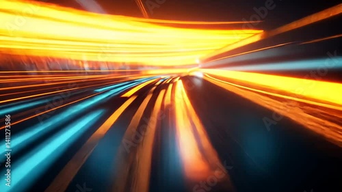 Abstract Light Trails Speeding Through Tunnel, Futuristic High-Speed Data Transfer