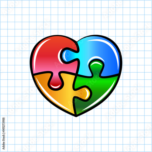 Colorful heart shape made of puzzle pieces. Vector isolated on blue square grid with white background.