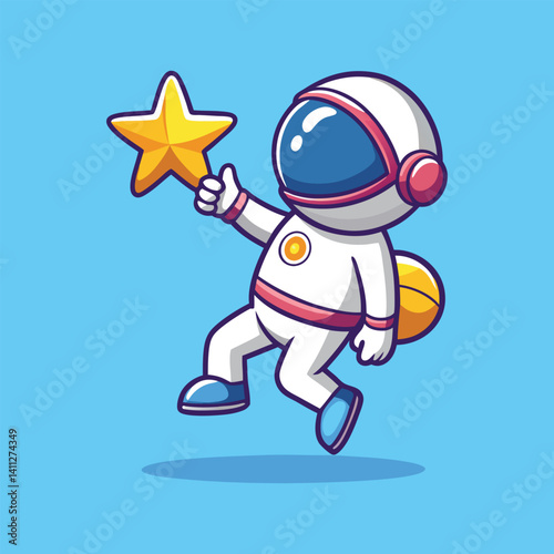 Cartoon astronaut flying on a rocket with a star