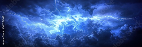 Captivating Stormy Atmosphere: Dramatic Lightning Strikes Amidst Dark Blue Clouds