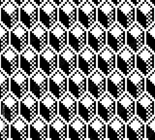 A black and white patterned fabric with a white border. The pattern is made up of squares and triangles. design for all business