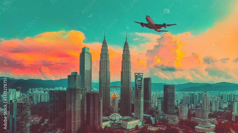 Fototapeta premium Airplane flies over kuala lumpur skyline with colorful clouds