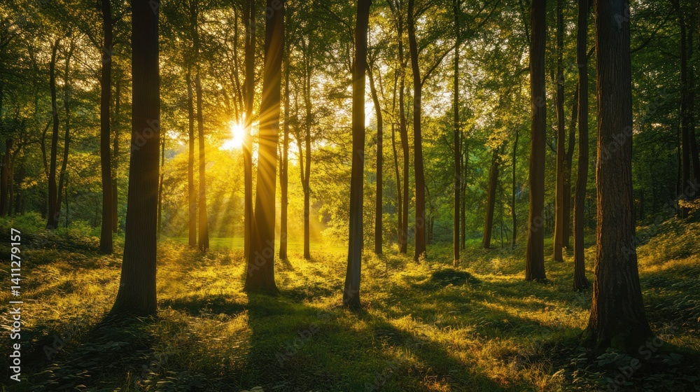 Fototapeta premium Golden Hour in the Forest: A Serene Sunset Scene