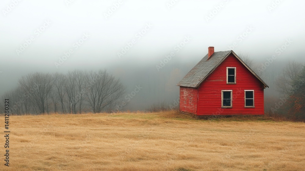 A solitary red house stands in a misty landscape with golden grass, evoking tranquility and solitude A solitary red house stands in a misty landscape with golden grass, evoking tranquility and solitude