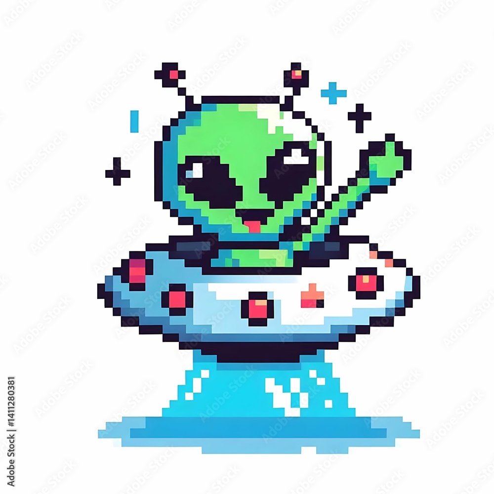Obraz premium Friendly Pixel Alien in Saucer Suitable for Design Inspiration