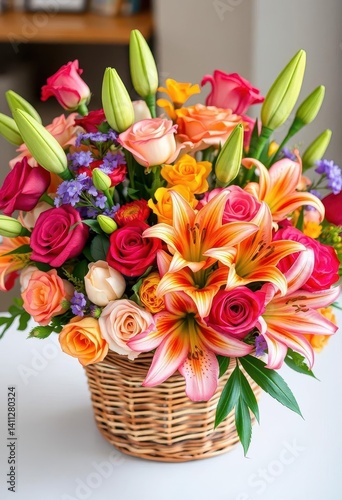 Wallpaper Mural Vibrant mixed flower bouquet in a woven basket; roses & lilies, purple lilies, rustic Torontodigital.ca