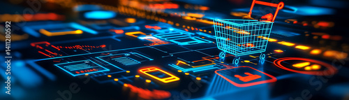 E-commerce innovation showcase digital marketplace graphic design futuristic environment aerial view online shopping concept