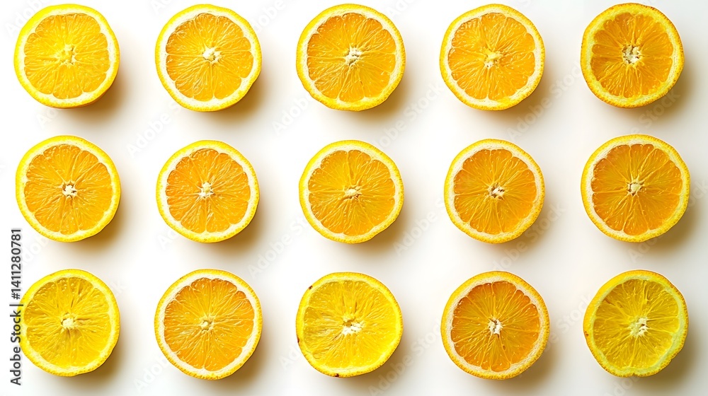 Overhead shot of fifteen orange slices arranged in a grid pattern on a white background. Bright, vibrant colors and a clean aesthetic. Overhead shot of fifteen orange slices arranged in a grid pattern on a white background. Bright, vibrant colors and a clean aesthetic.