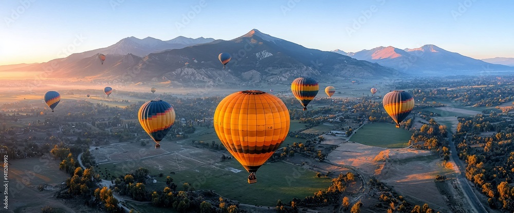 Obraz premium Colorful Hot Air Balloons Over Mountainous Landscape at Sunrise