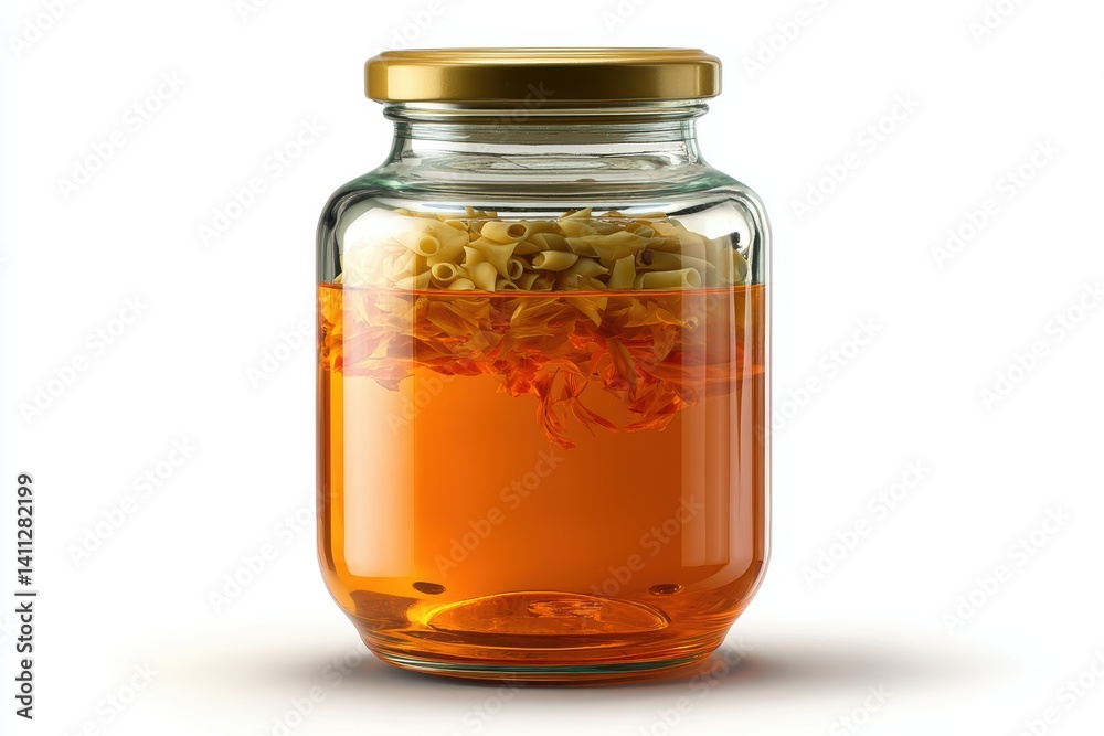 Close up of elegant glass jar containing liquid golden amber essence pasta noodles on white backdrop Close up of elegant glass jar containing liquid golden amber essence pasta noodles on white backdrop