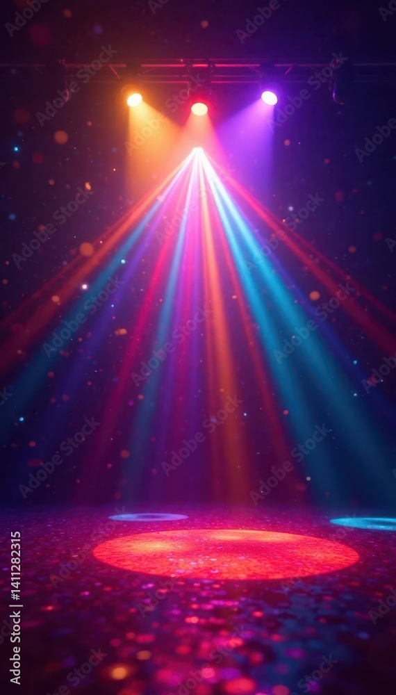 Vibrant multicolored beams crisscross, creating energetic disco backdrop , dazzling, energy