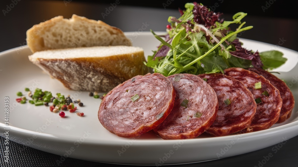 Delicious rustic salami slices served with crusty bread and a fresh garden salad on a white plate Delicious rustic salami slices served with crusty bread and a fresh garden salad on a white plate