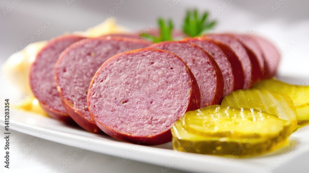 Delicious Salami Slices Served with Pickles on White Plate Food Photography for Gourmet Delicatessen Delicious Salami Slices Served with Pickles on White Plate Food Photography for Gourmet Delicatessen