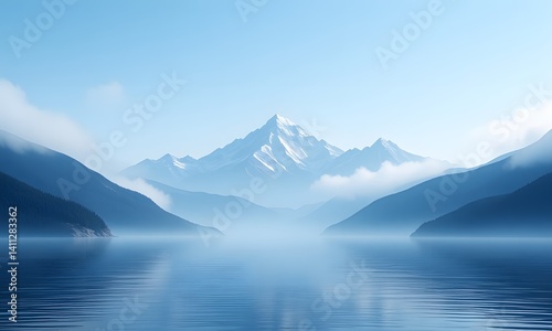 A misty mountain and lake with mountains surrounding them.