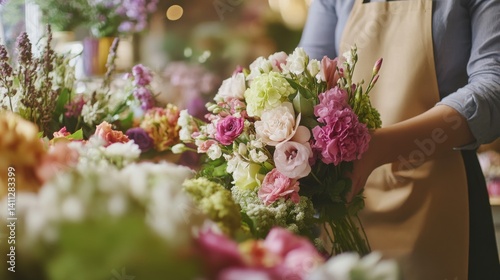 Fototapeta Naklejka Na Ścianę i Meble -  A florist arranging flowers in a shop. Featuring creativity and beauty