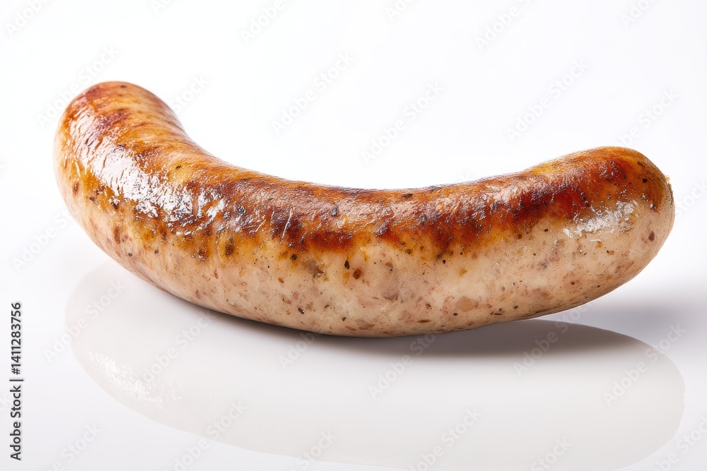 Delicious Roasted Sausage on a White Background Close Up Shot Displaying its Juicy Texture and Golden Brown Color Delicious Roasted Sausage on a White Background Close Up Shot Displaying its Juicy Texture and Golden Brown Color