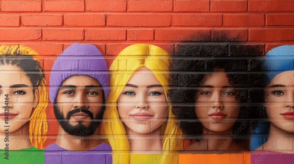 Vibrant mural featuring diverse faces against a textured brick wall.