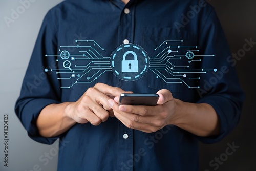 Adult Holding Smartphone with Digital Security Overlay in Modern Tech Setting.