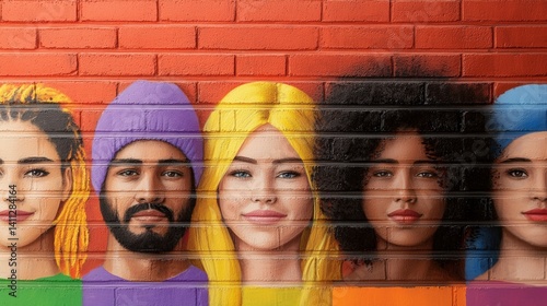 Vibrant mural featuring diverse faces against a textured brick wall.