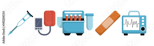 Vector cartoon illustration showcasing various medical devices such as crutches, blood pressure monitor, blood testing machine, band-aid and EKG monitor.