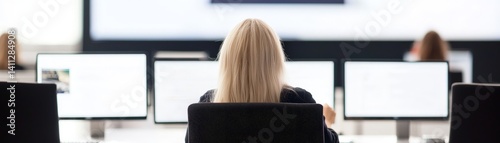 Global Collaboration and Diversity in an Interconnected World, Person working at multiple monitors in a modern office setting.