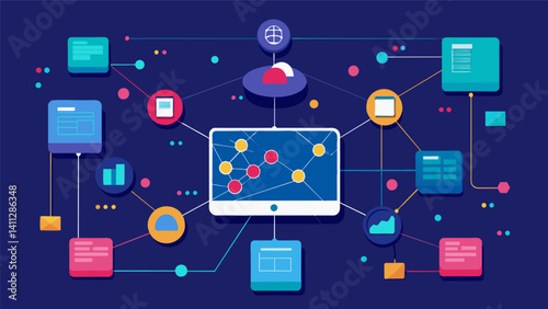A screen displays a mindboggling network of interconnected data points being diligently processed and interpreted by a stateoftheart AI engine.. Vector illustration