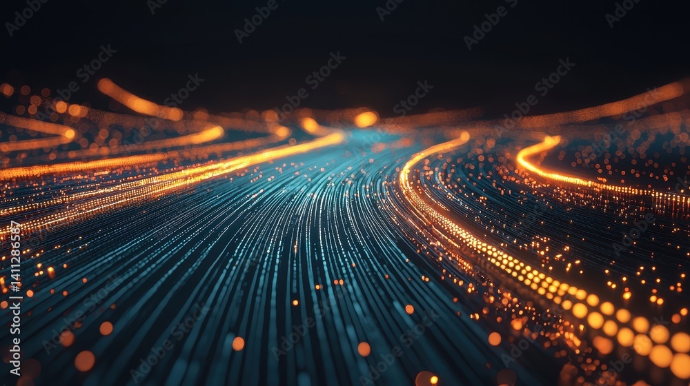 An abstract digital landscape featuring flowing lines of blue and orange light, creating a dynamic wave-like effect against a dark background.
