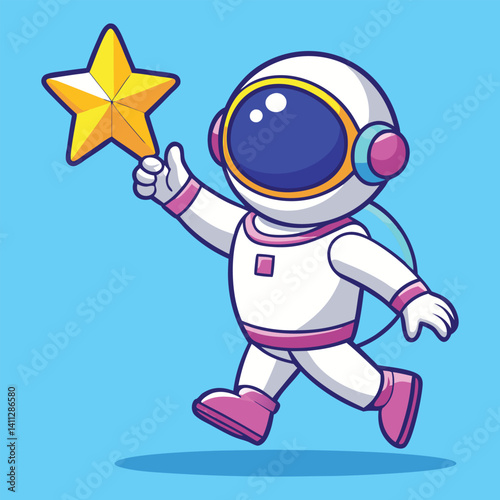 Cute Astronaut Touching Star In Space Cartoon Vector Icon Illustration. Science Technology 