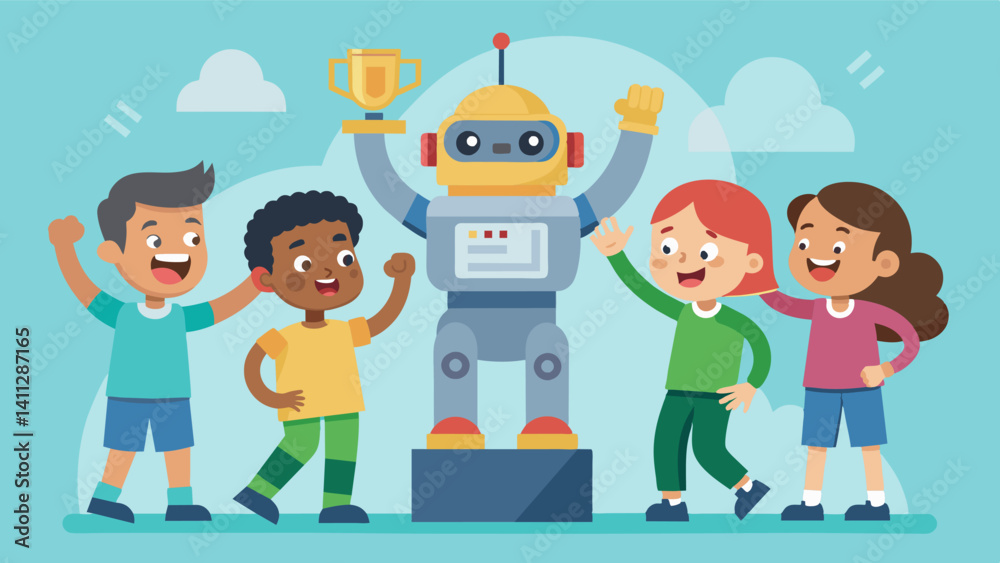 A group of kids cheering on their teammates robot as it performs a flawless sequence of tasks during the competition.. Vector illustration A group of kids cheering on their teammates robot as it performs a flawless sequence of tasks during the competition.. Vector illustration