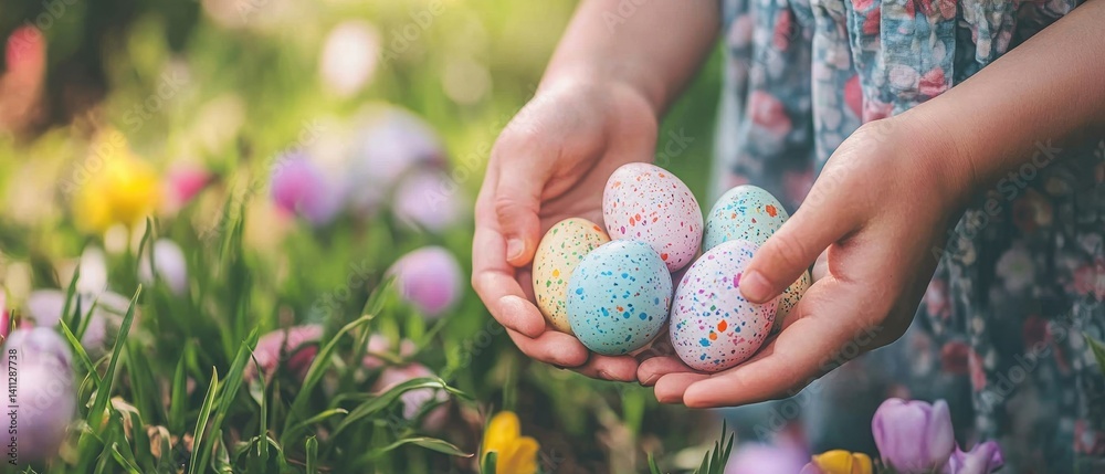 A person holds colorful Easter eggs amidst vibrant flowers, capturing the essence of spring celebrations in a lush garden setting.