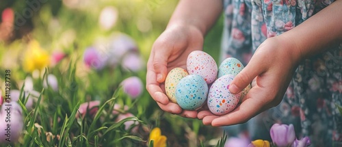 Obraz na płótnie A person holds colorful Easter eggs amidst vibrant flowers, capturing the essence of spring celebrations in a lush garden setting. w salonie