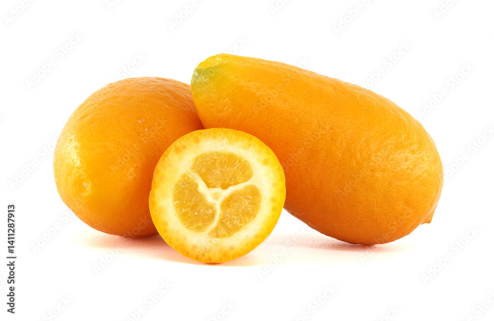 Fresh kumquats showing pulp and peel on white background Fresh kumquats showing pulp and peel on white background