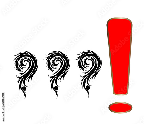 Glossy exclamation and question marks punctuation, attention signals 3d render vector illustration