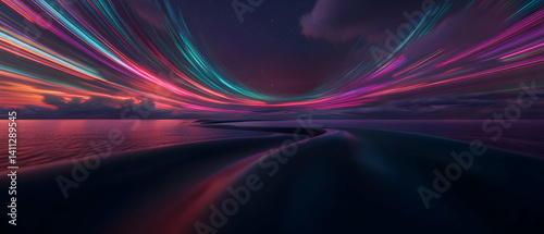 Mystical, vibrant,  night sky over water