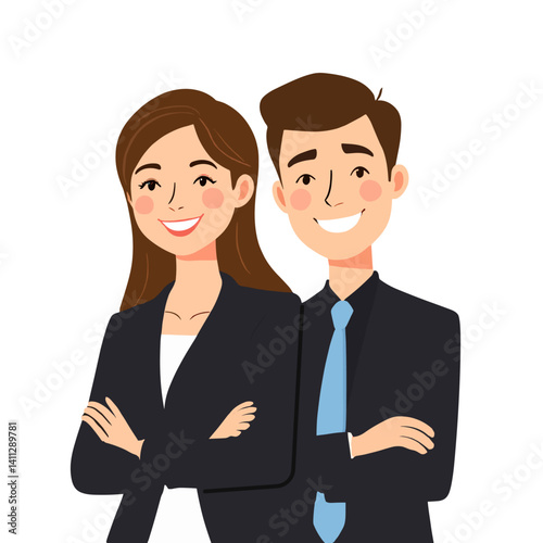 Smiling businesswoman and businessman standing closely together, portraying a strong and united team.
