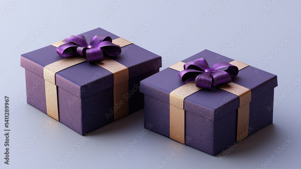 Two purple gift boxes isolated on transparent background for festive or holiday season visuals. Two purple gift boxes isolated on transparent background for festive or holiday season visuals.