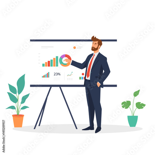 Businessman presenting a whiteboard with rising bar graphs and a pie chart, using a pointer to explain progress and strategy.