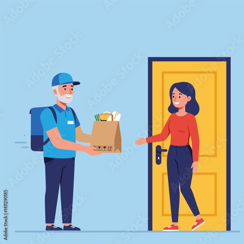 Delivery man in uniform handing a cardboard box to a woman at her door, representing reliable and direct delivery.