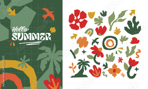 A bright and cheerful summer card, banner, or horizontal poster featuring a hand-drawn tropical pattern. This design showcases colorful flowers, leaves, and foliage illustrations that bring a fun