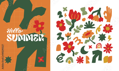 A bright and cheerful summer card, banner, or horizontal poster featuring a hand-drawn tropical pattern. This design showcases colorful flowers, leaves, and foliage illustrations that bring a fun