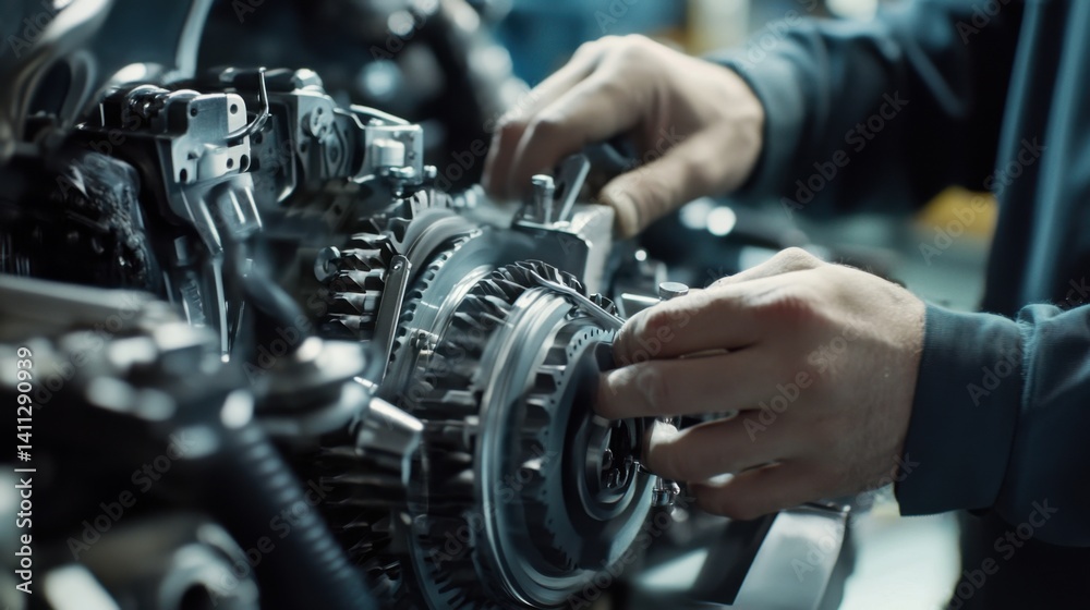 Fototapeta premium Factory worker performing maintenance on machinery. Featuring technical skill and focus