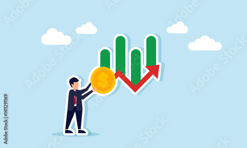 Businessman carries a dollar coin displaying a fluctuating graph, illustration of increasing business profit and revenue
